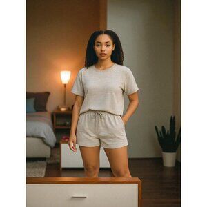 Roudelain Pajama Short Set Womens XL  Gray Striped Butter Knit Sleep Loungewear